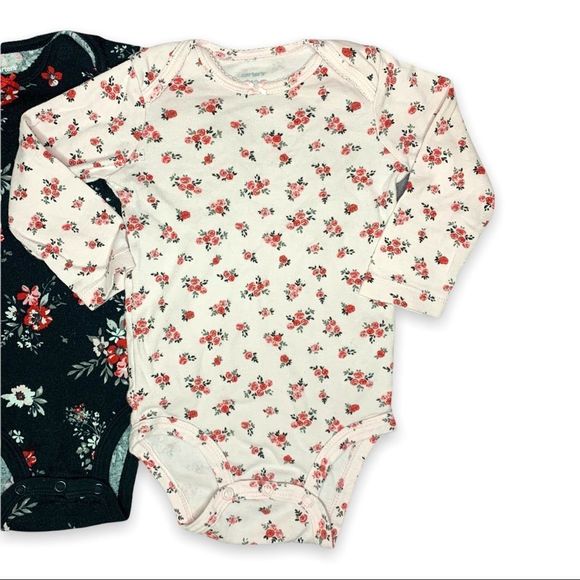 Carters 12 M Girls' Black & Pink Floral 2-Piece Long Sleeve Onesie Set Snap-Up - Picture 2 of 5